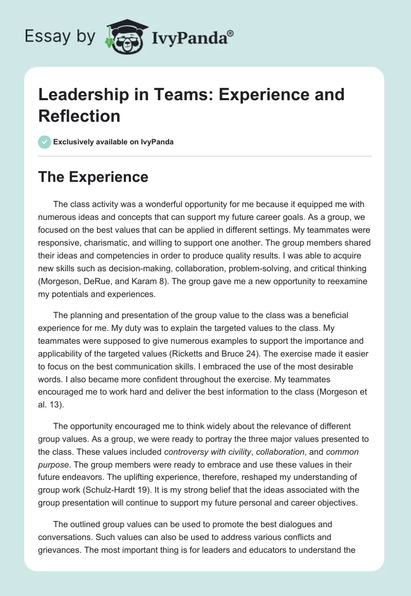 Leadership in Teams: Experience and Reflection. Page 1