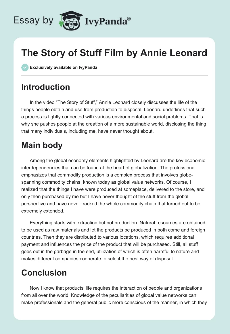"The Story of Stuff" Film by Annie Leonard. Page 1
