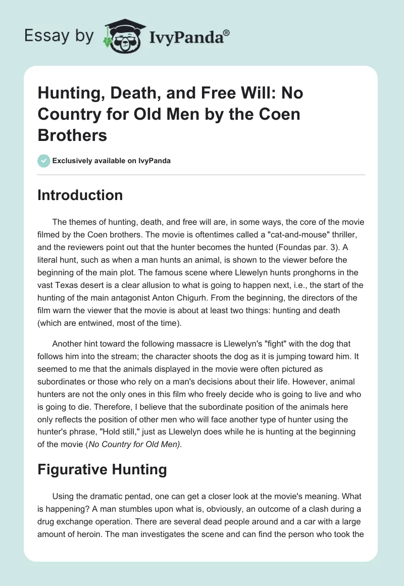 Hunting, Death, and Free Will: "No Country for Old Men" by the Coen Brothers. Page 1