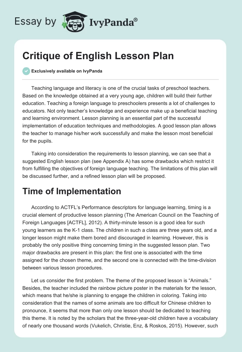 Critique of English Lesson Plan. Page 1