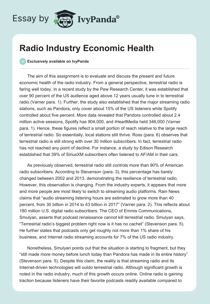 Radio Industry Economic Health. Page 1