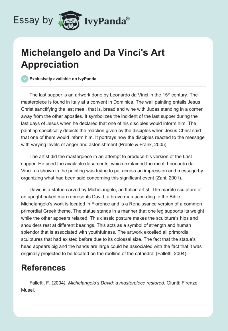 Michelangelo and Da Vinci's Art Appreciation. Page 1