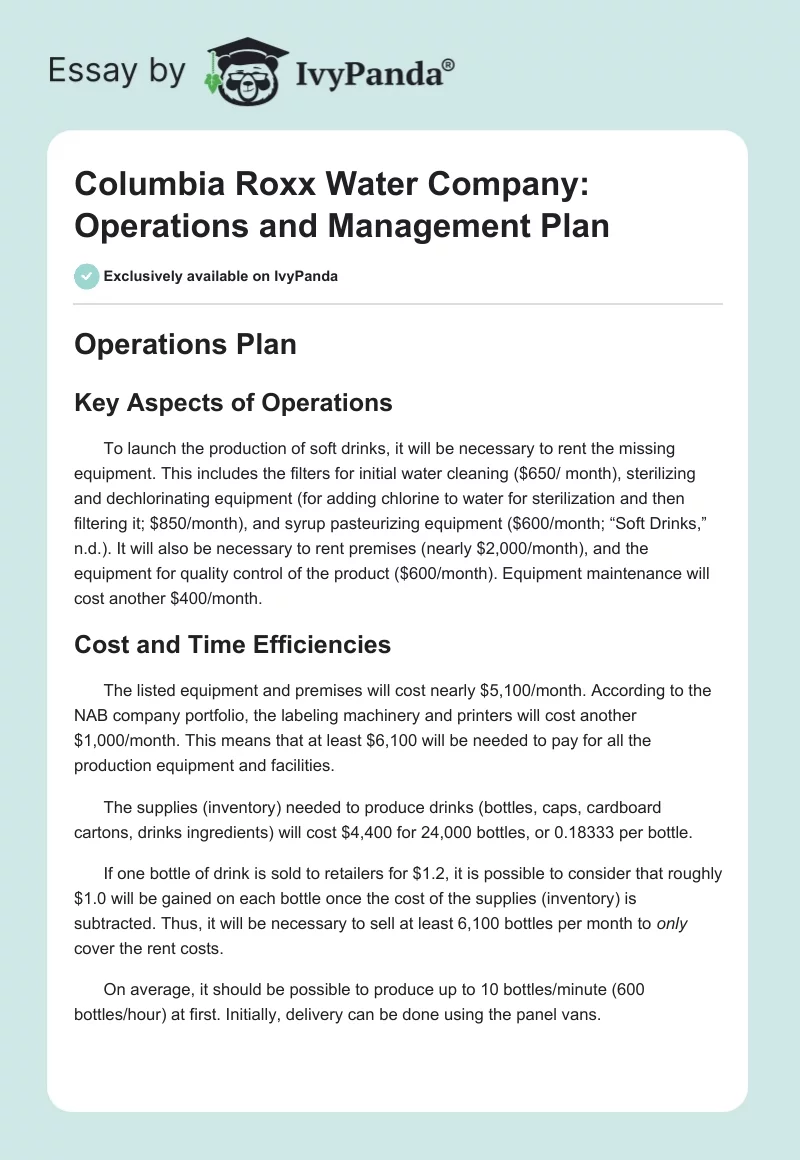 Columbia Roxx Water Company: Operations and Management Plan. Page 1