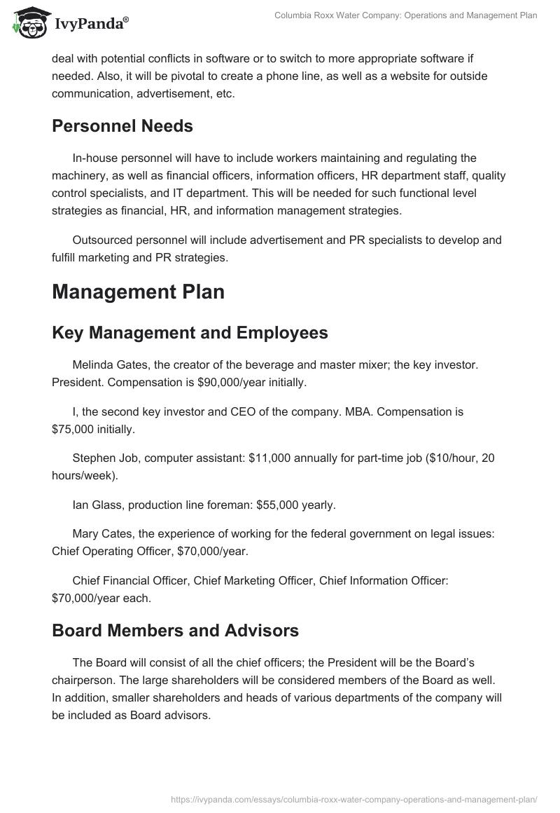 Columbia Roxx Water Company: Operations and Management Plan. Page 3