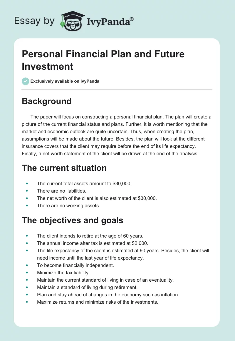 Personal Financial Plan and Future Investment. Page 1