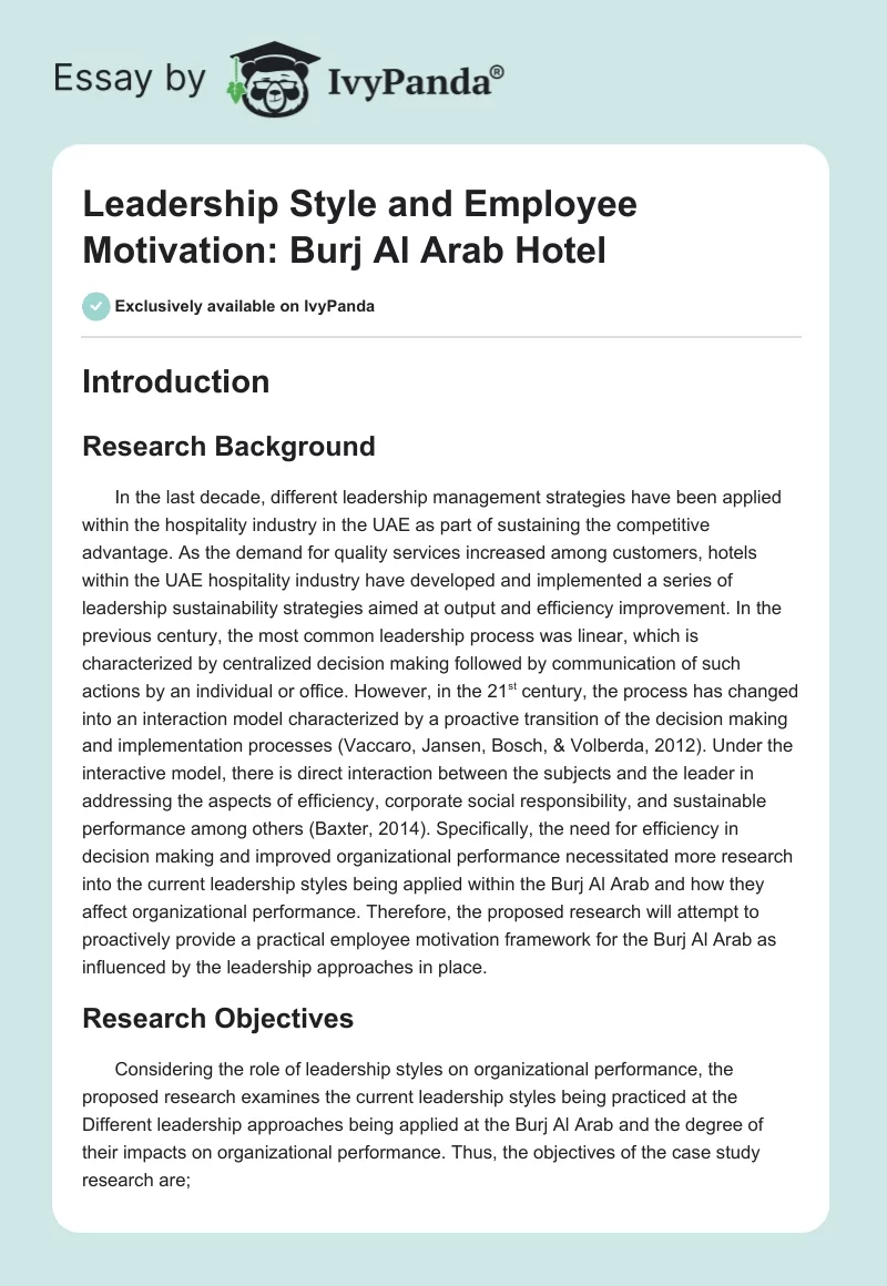 Leadership Style and Employee Motivation: Burj Al Arab Hotel. Page 1