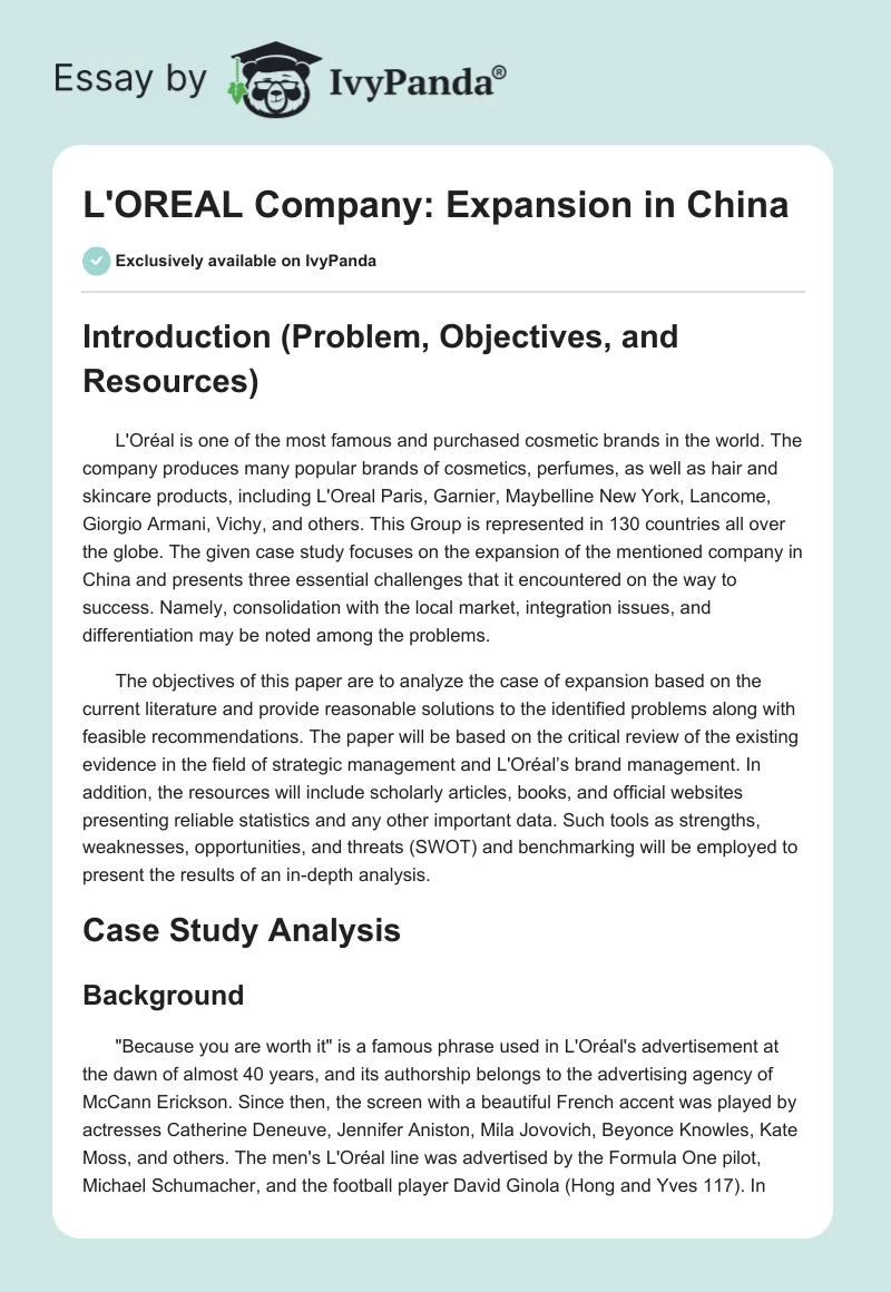 L'OREAL Company: Expansion in China. Page 1