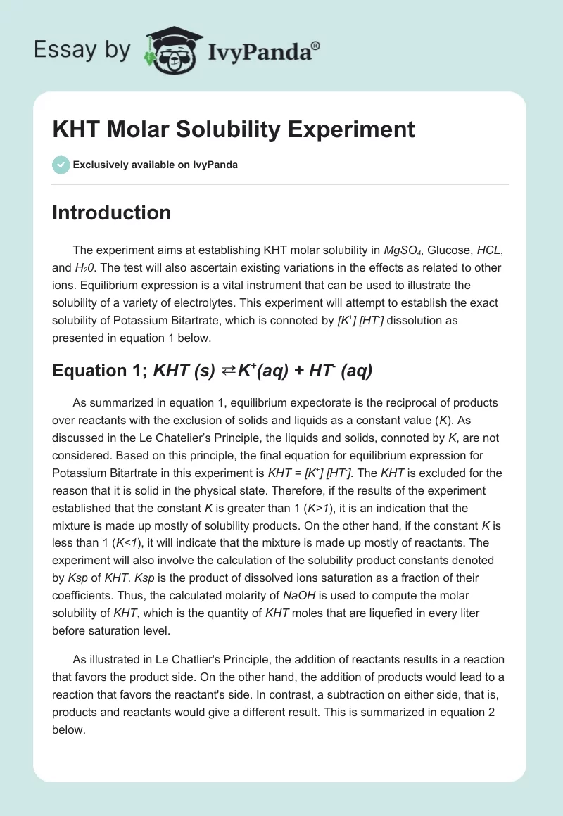 KHT Molar Solubility Experiment. Page 1