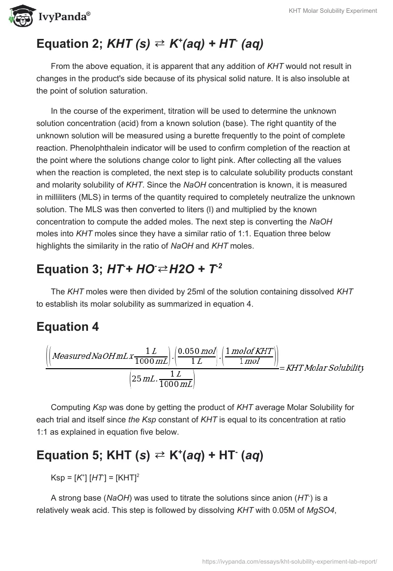 KHT Molar Solubility Experiment. Page 2