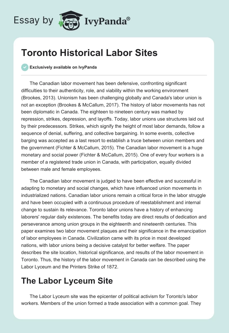 Toronto Historical Labor Sites. Page 1