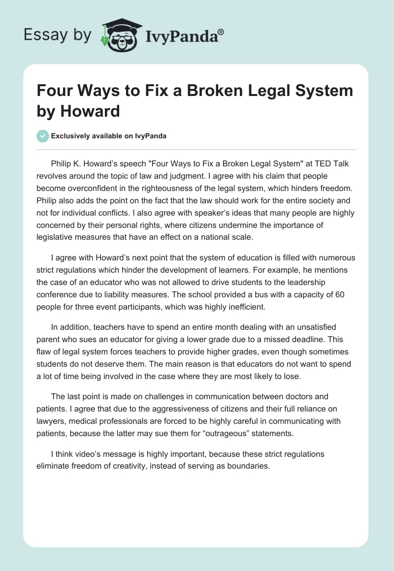 "Four Ways to Fix a Broken Legal System" by Howard. Page 1