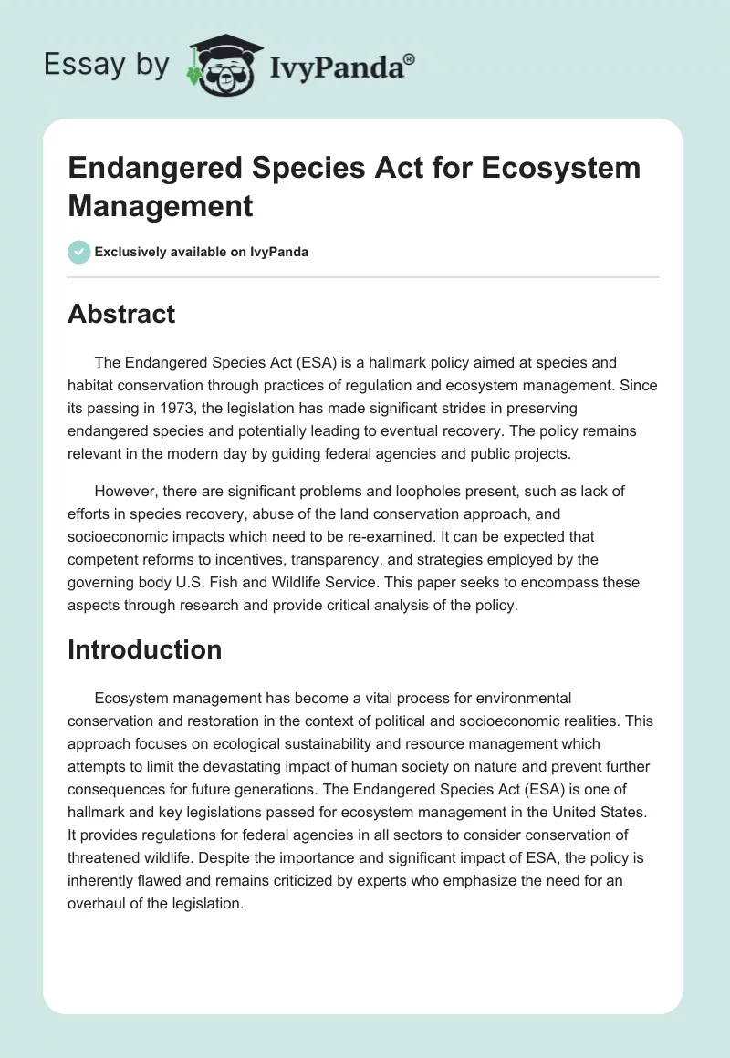 Endangered Species Act for Ecosystem Management. Page 1