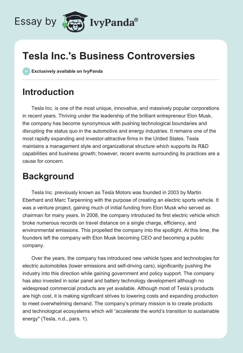 Tesla Inc.'s Business Controversies. Page 1