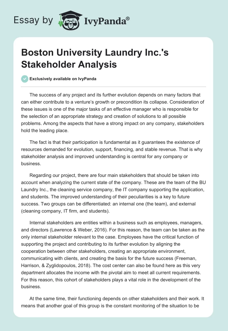 Boston University Laundry Inc.'s Stakeholder Analysis. Page 1