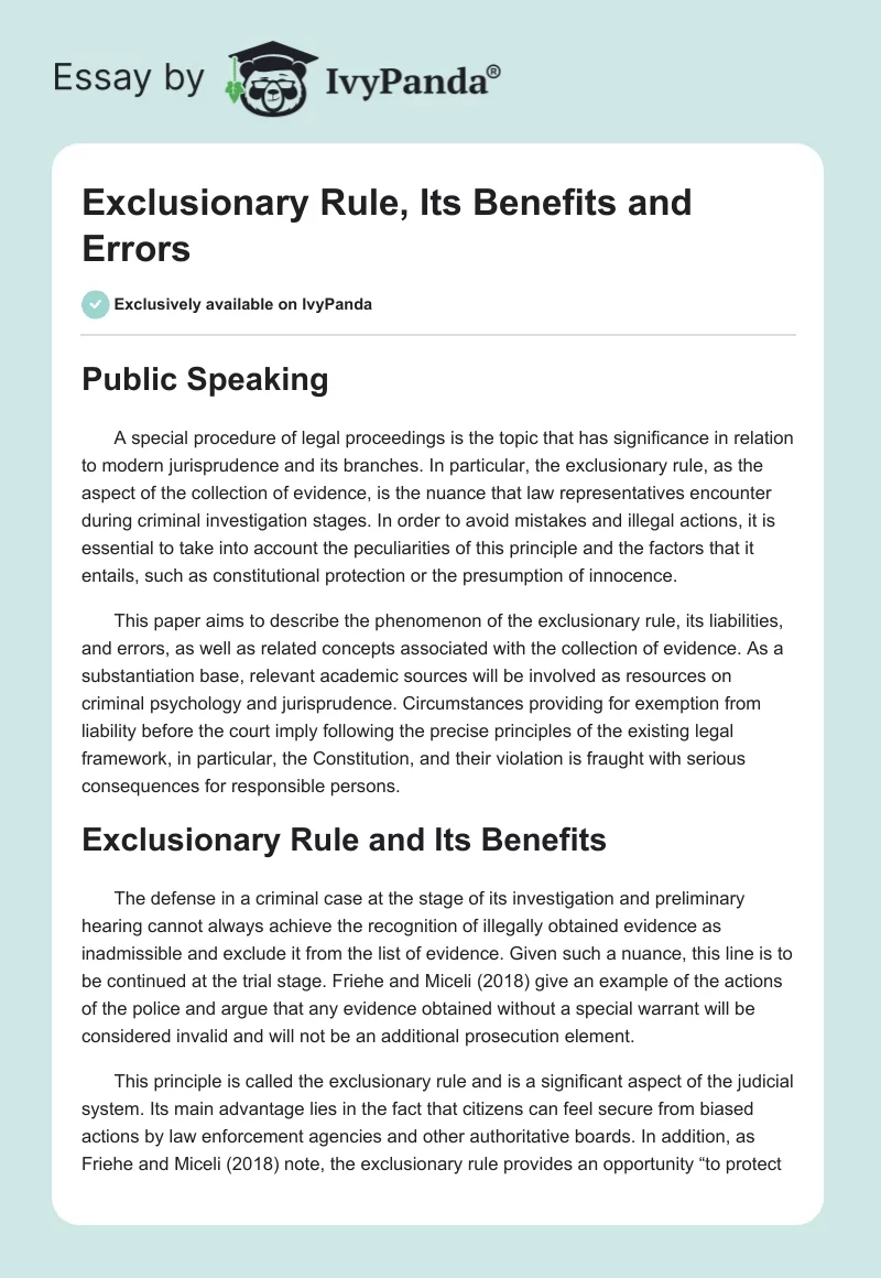 Exclusionary Rule, Its Benefits and Errors. Page 1