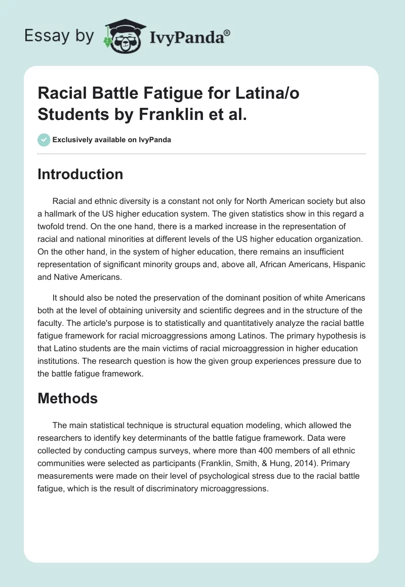 "Racial Battle Fatigue for Latina/o Students" by Franklin et al.. Page 1