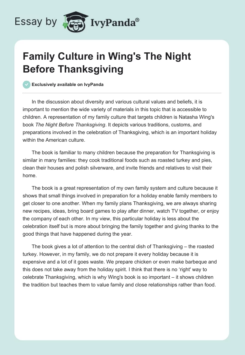 Family Culture in Wing's "The Night Before Thanksgiving". Page 1