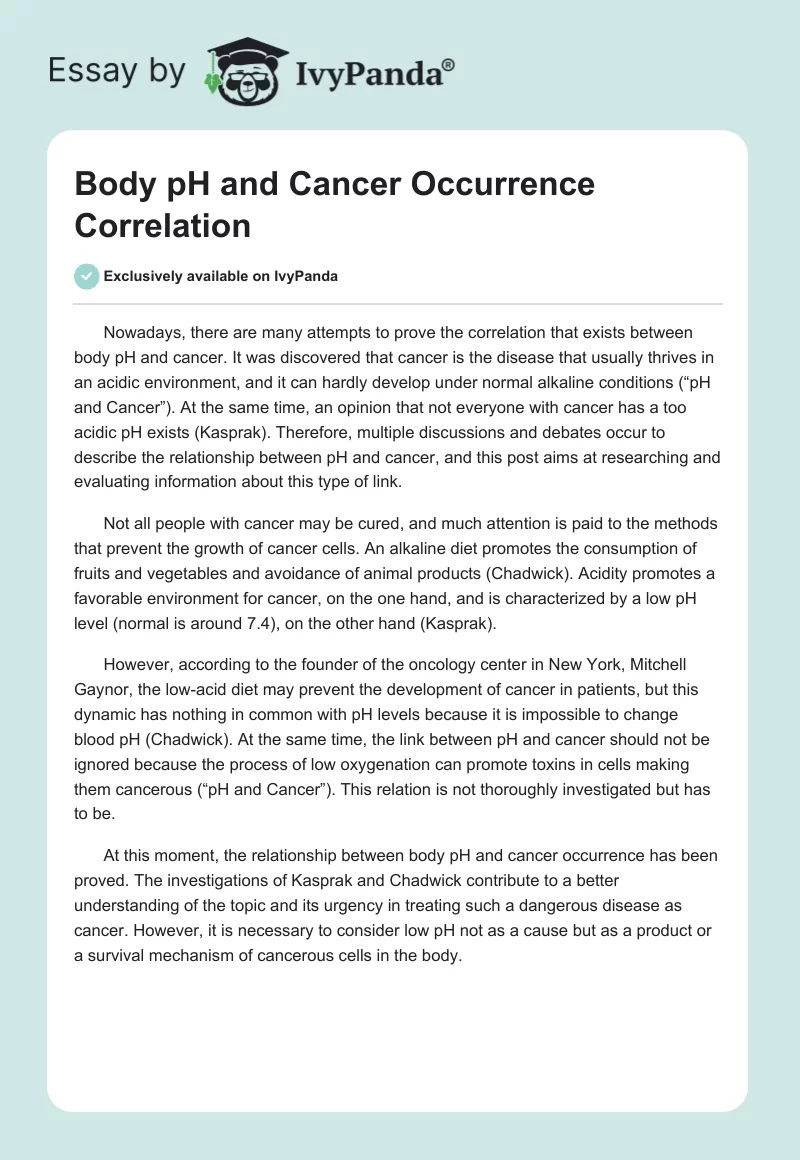 Body pH and Cancer Occurrence Correlation. Page 1