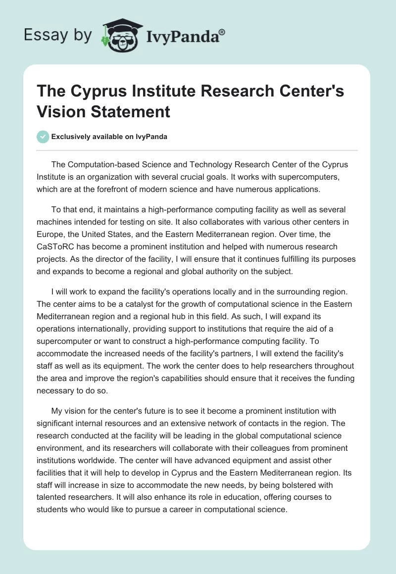 The Cyprus Institute Research Center's Vision Statement. Page 1