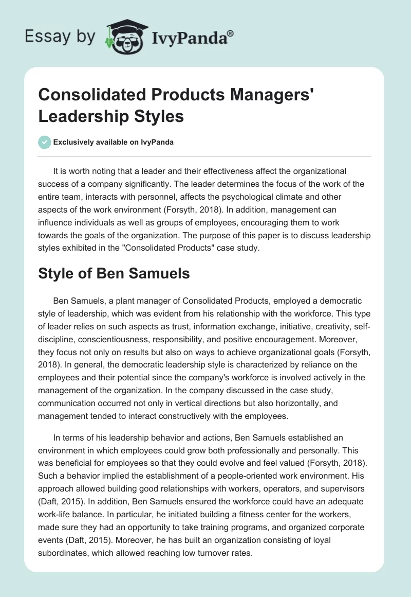 Consolidated Products Managers' Leadership Styles. Page 1