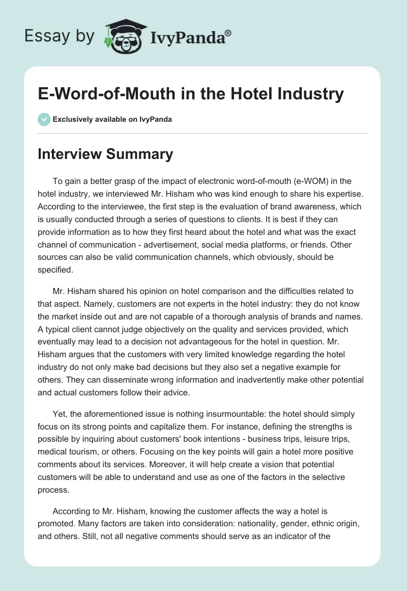 E-Word-of-Mouth in the Hotel Industry. Page 1