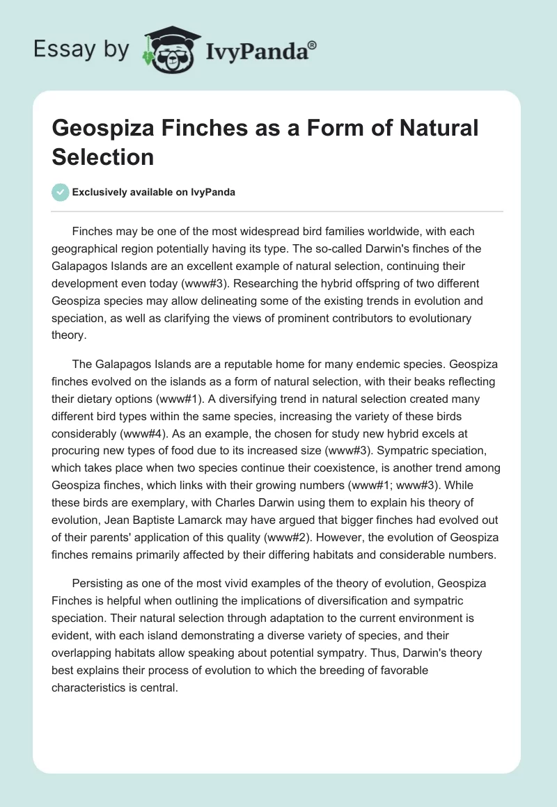 Geospiza Finches as a Form of Natural Selection. Page 1
