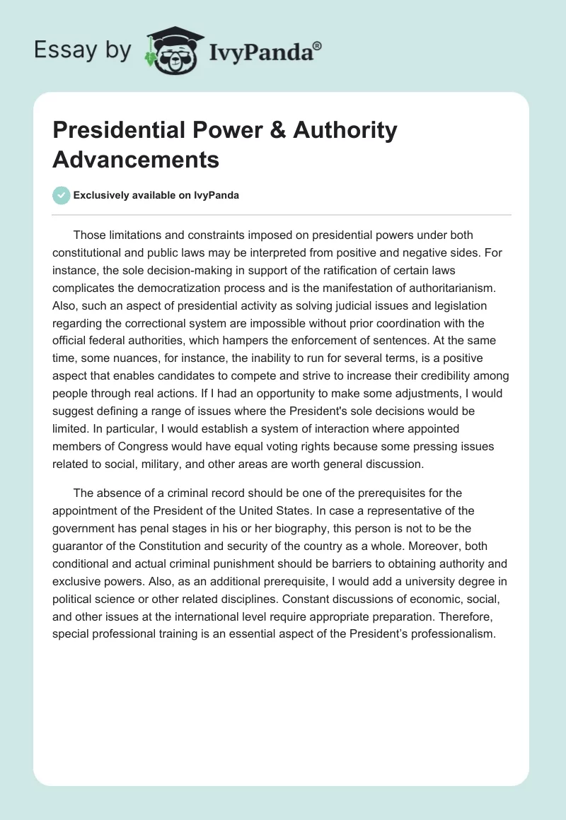Presidential Power & Authority Advancements. Page 1