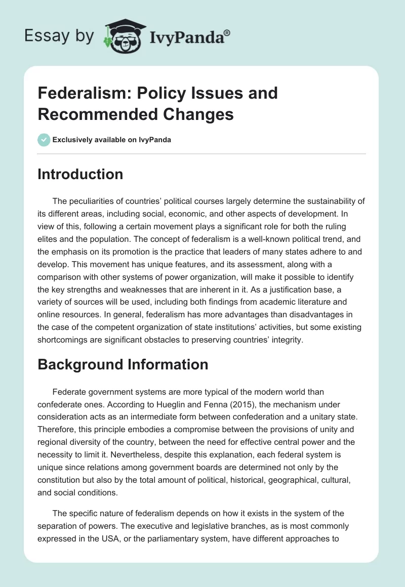 Federalism: Policy Issues and Recommended Changes. Page 1