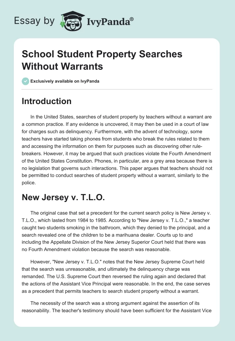 School Student Property Searches Without Warrants. Page 1