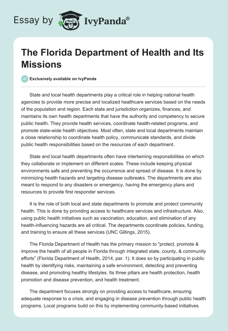 The Florida Department of Health and Its Missions. Page 1