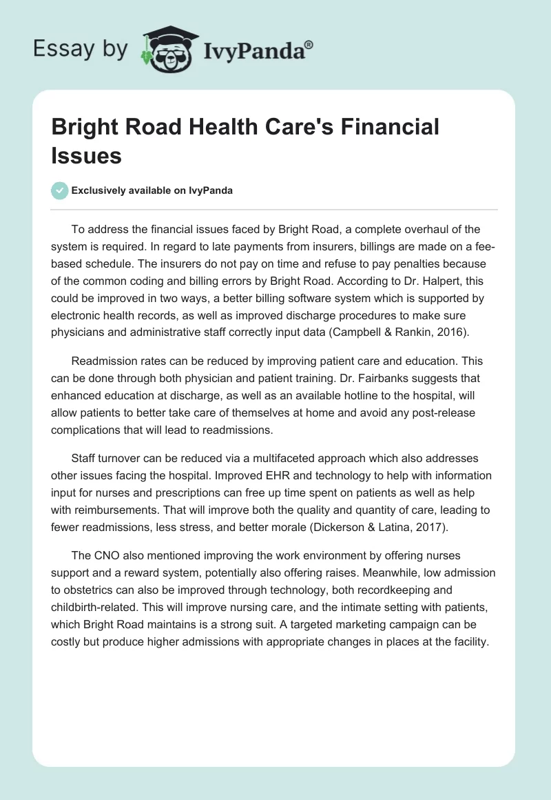 Bright Road Health Care's Financial Issues. Page 1
