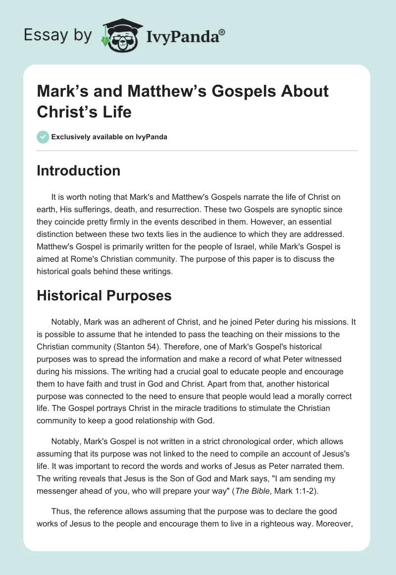 Mark’s and Matthew’s Gospels About Christ’s Life. Page 1