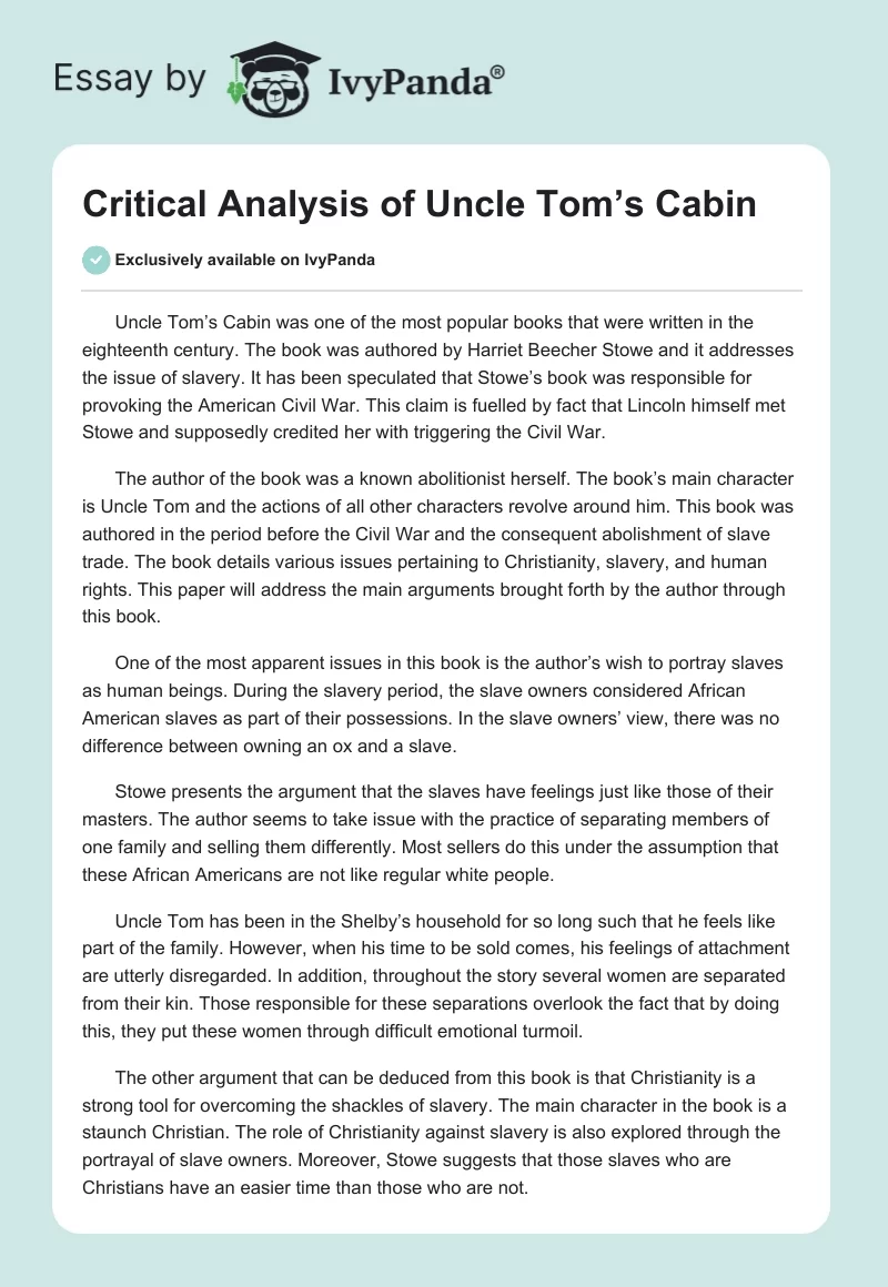 Critical Analysis of "Uncle Tom’s Cabin". Page 1