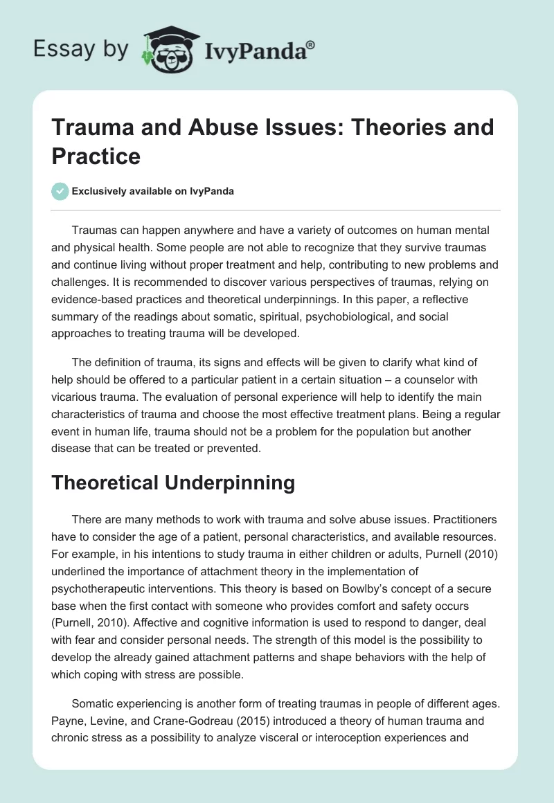 Trauma and Abuse Issues: Theories and Practice. Page 1