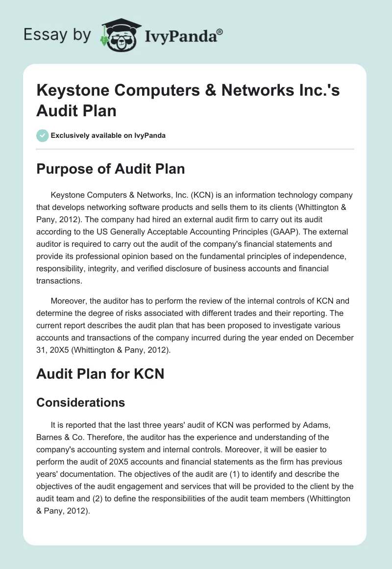 Keystone Computers & Networks Inc.'s Audit Plan. Page 1