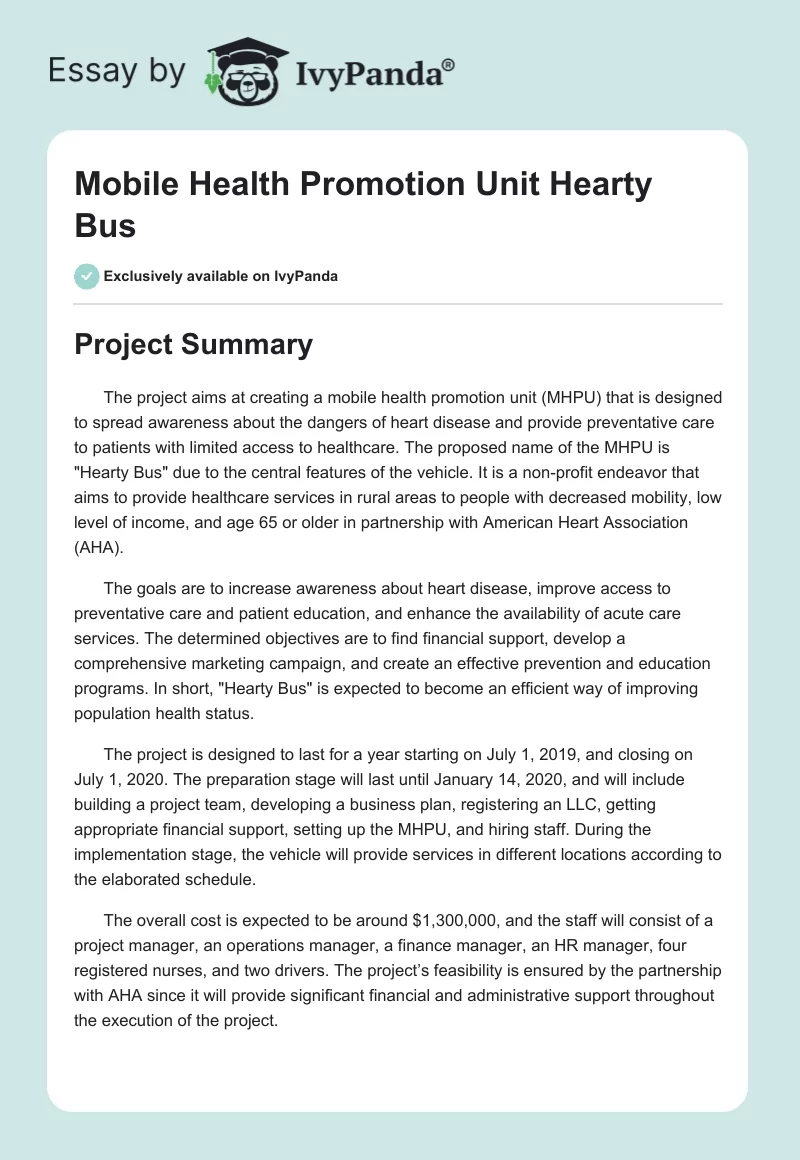 Mobile Health Promotion Unit "Hearty Bus". Page 1