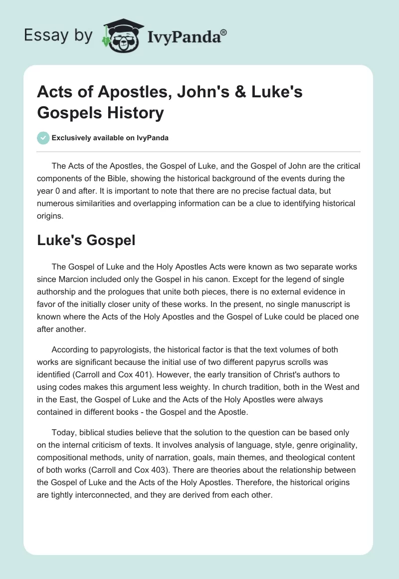 Acts of Apostles, John's & Luke's Gospels History. Page 1