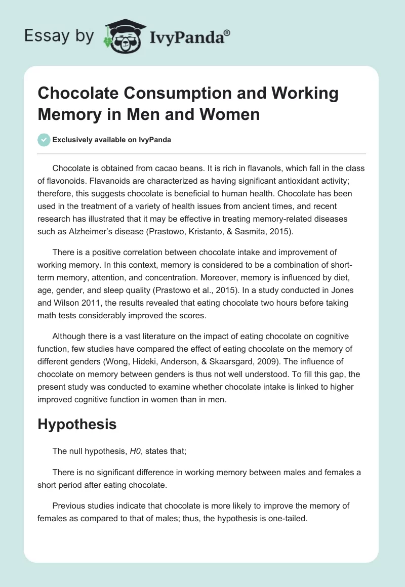 Chocolate Consumption and Working Memory in Men and Women. Page 1