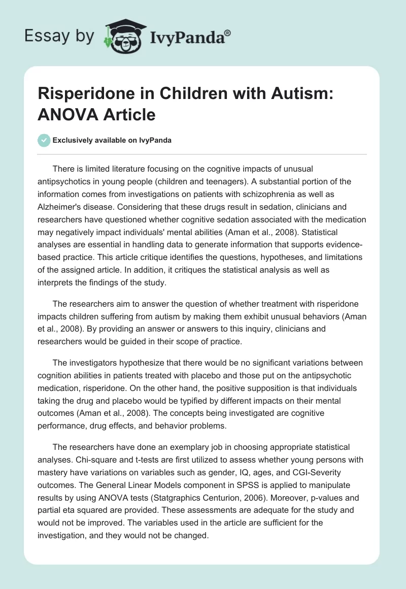 Risperidone in Children With Autism: ANOVA Article. Page 1