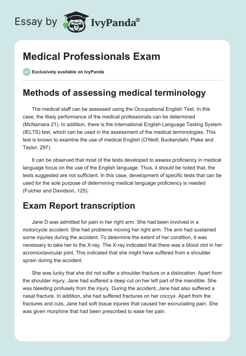 Medical Professionals Exam. Page 1