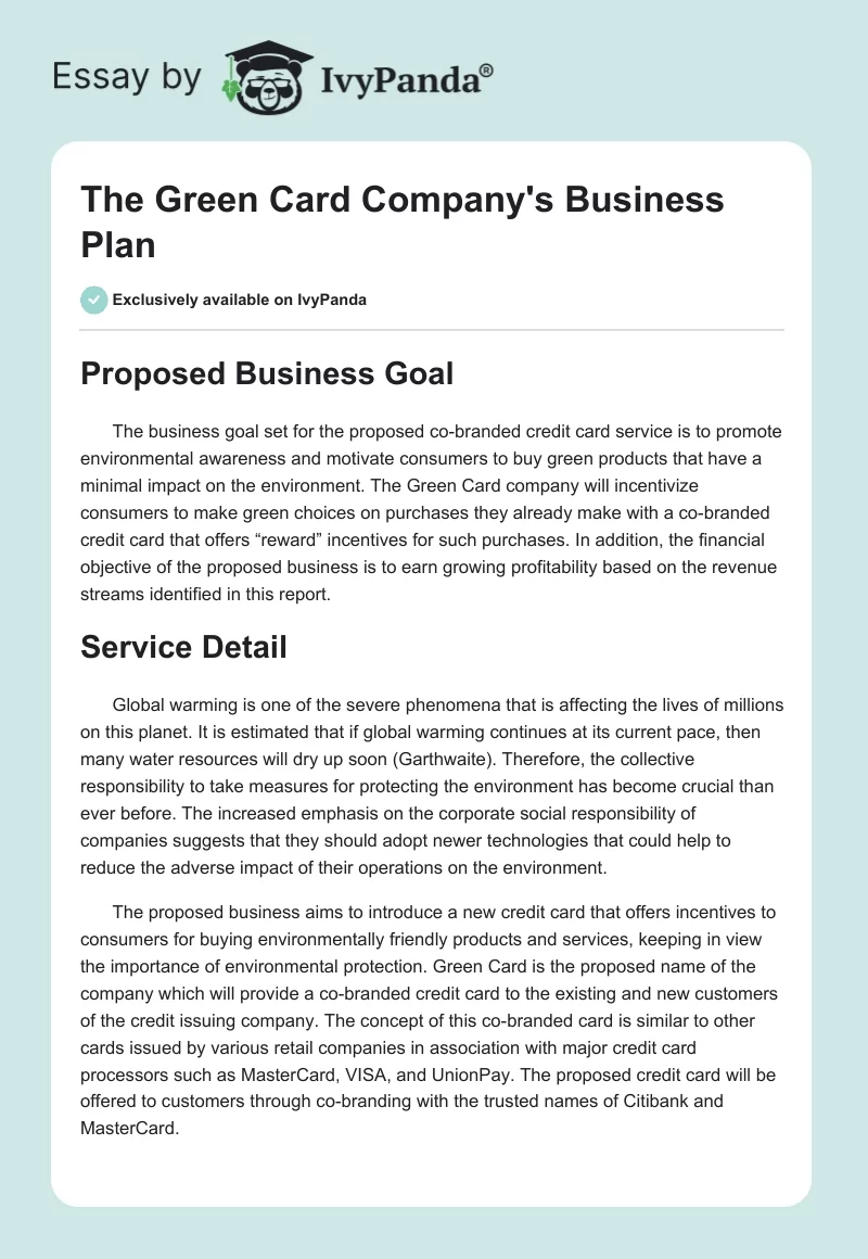 The Green Card Company's Business Plan. Page 1