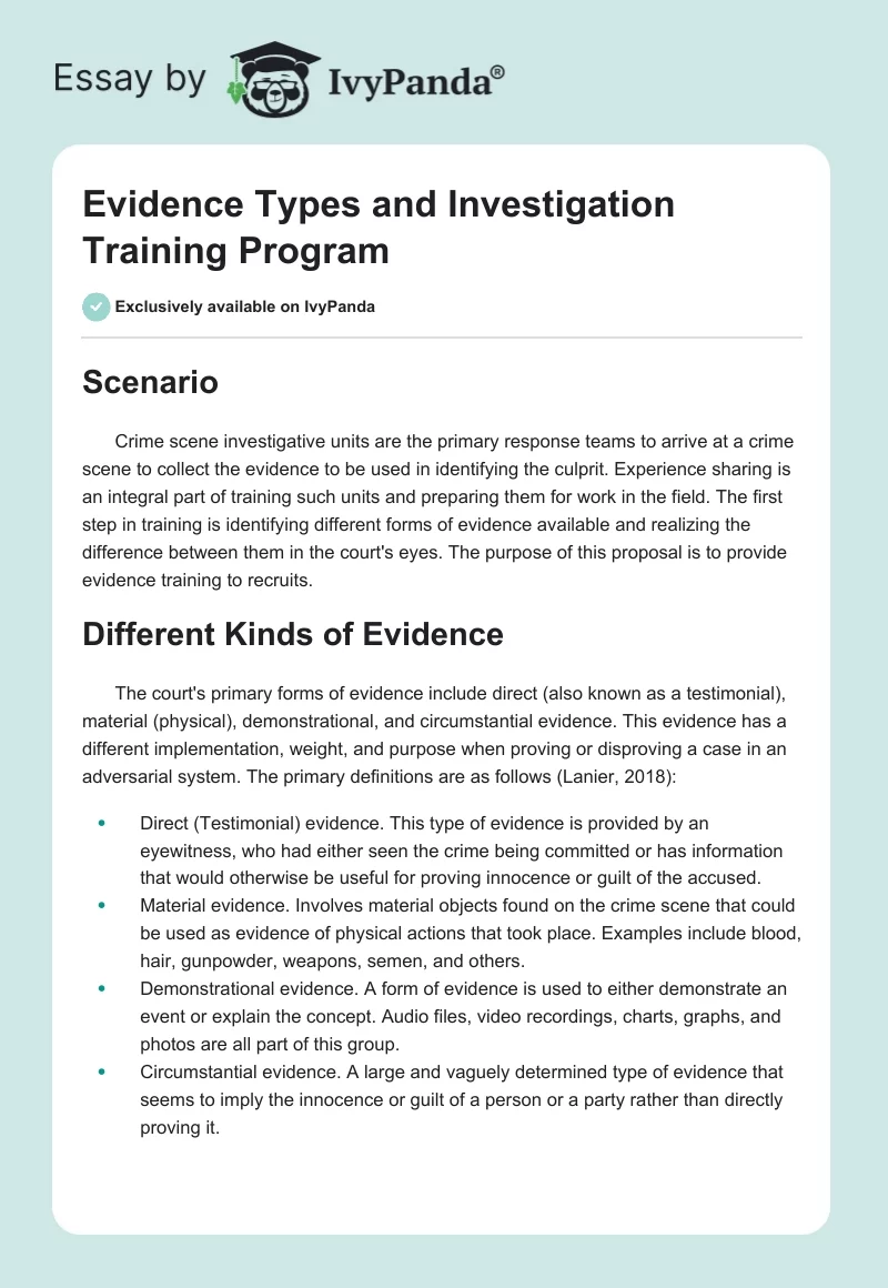 Evidence Types and Investigation Training Program. Page 1