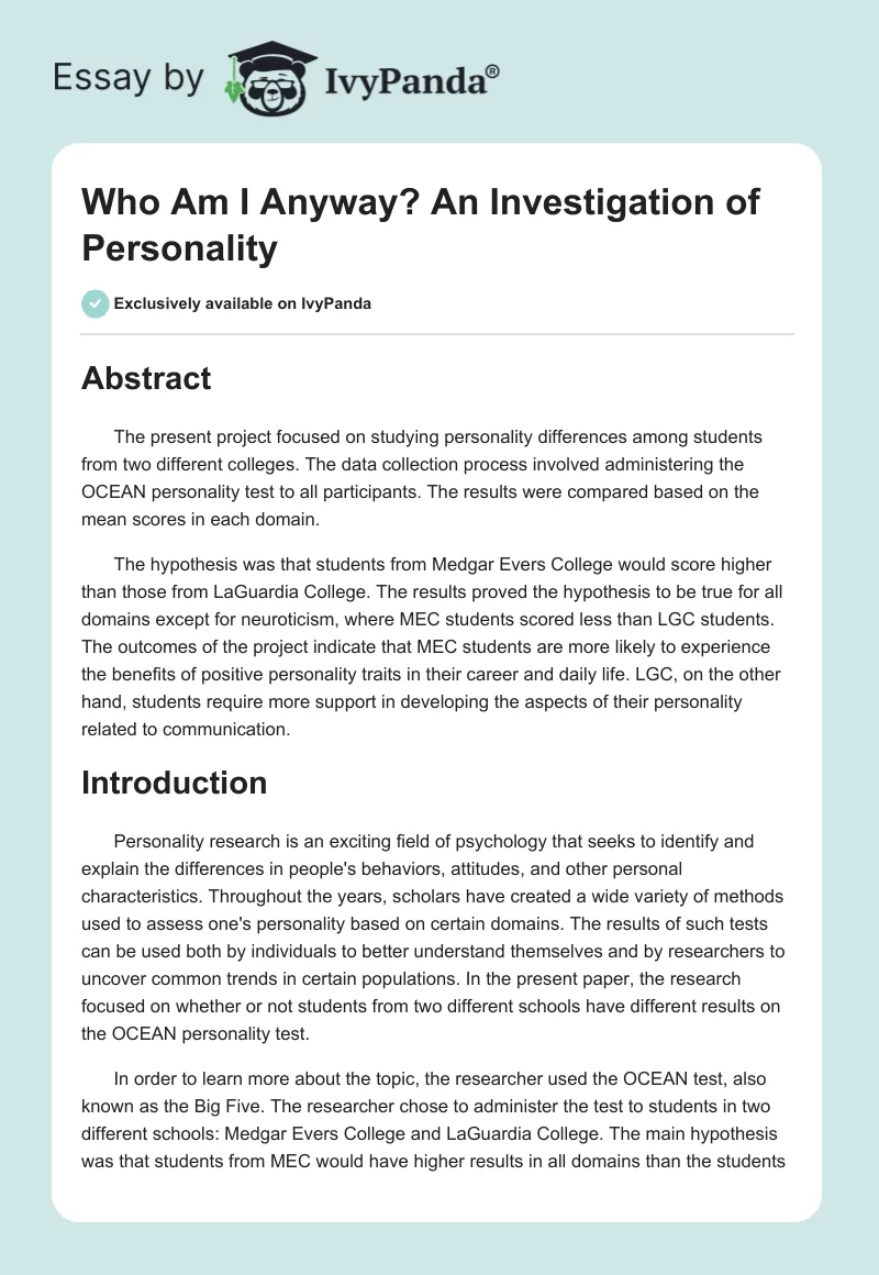 Who Am I Anyway? An Investigation of Personality. Page 1