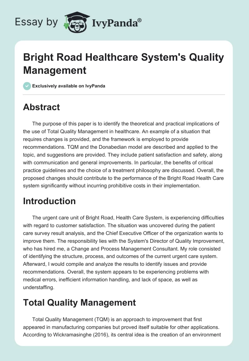 Bright Road Healthcare System's Quality Management. Page 1