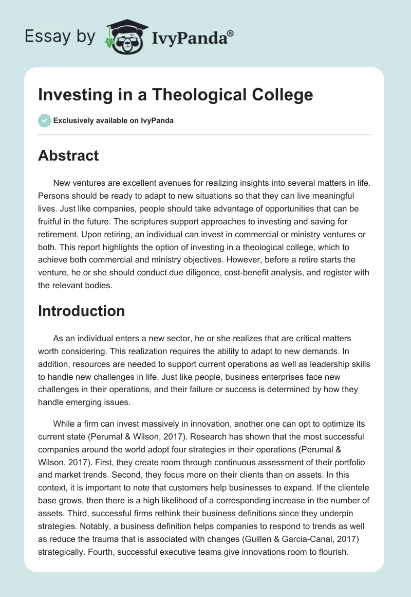 Investing in a Theological College. Page 1
