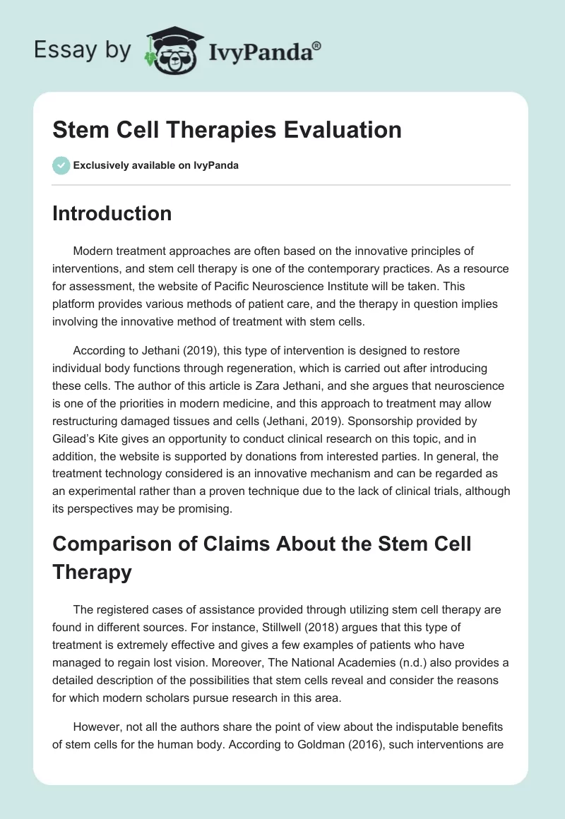 Stem Cell Therapies Evaluation. Page 1