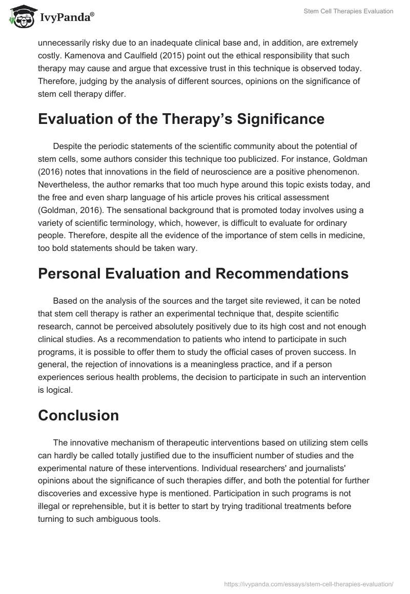 Stem Cell Therapies Evaluation. Page 2