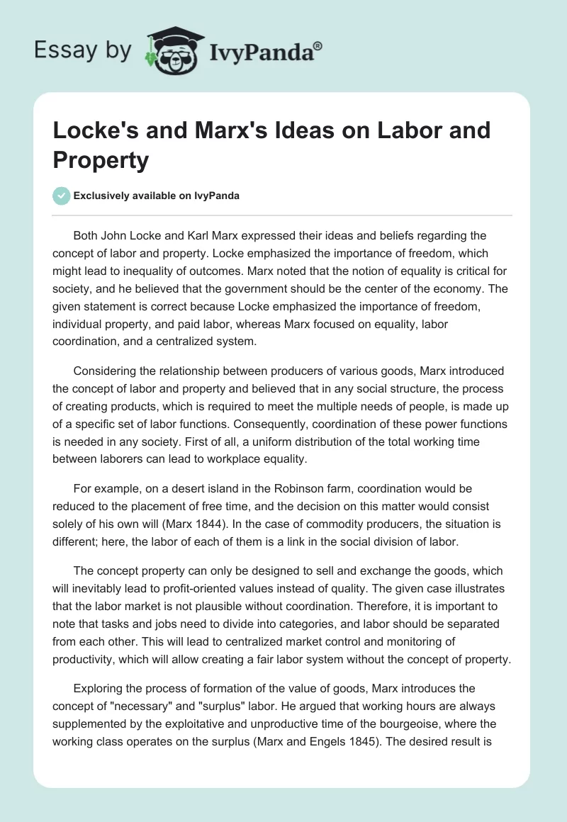 Locke's and Marx's Ideas on Labor and Property. Page 1