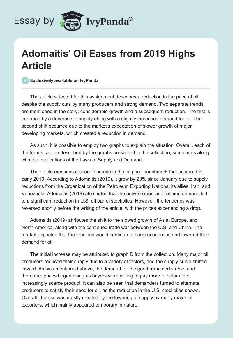 Adomaitis' "Oil Eases from 2019 Highs" Article. Page 1