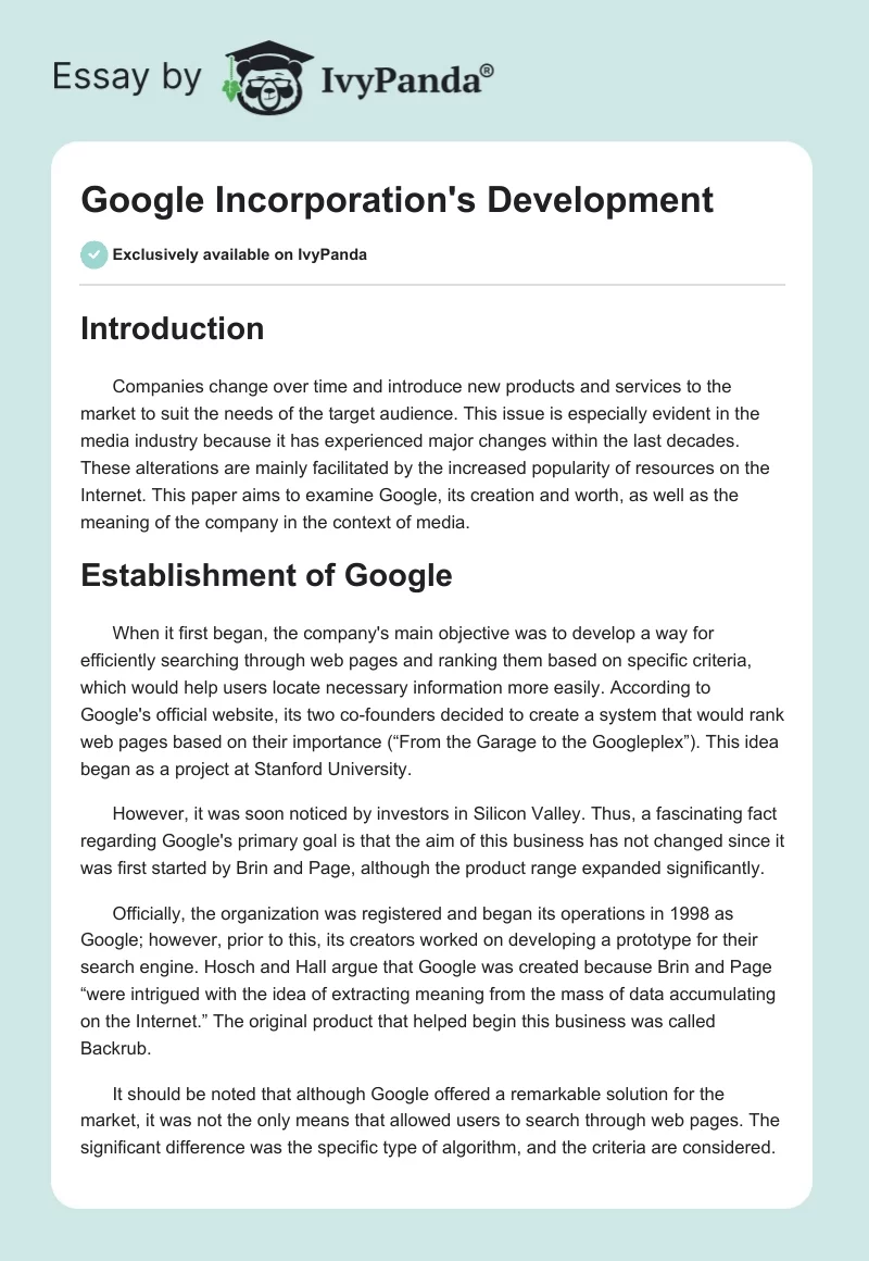 Google Incorporation's Development. Page 1